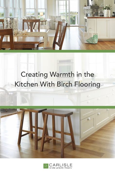 Carlisle Birch hardwood flooring contains more warm, amber heartwood in every board, because it is sawn from only mature timbers grown in northern New England. Take a tour of this kitchen featuring Hickory wide plank floors. #HickoryFlooring #kitchen #kitchendesign Birch Flooring Hardwood, Birch Flooring, Engineered Wood Floors Wide Plank, Birch Hardwood Floors, Birch Floors, Engineered Wood Flooring Builddirect, Engineered Bamboo Flooring, Wide Plank Floors, Flooring Kitchen