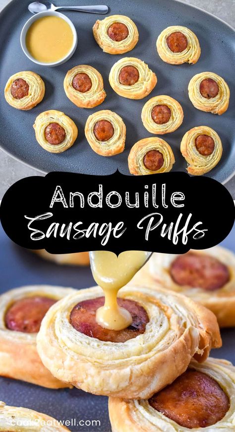 These andouille sausage puffs are a fancy take on pigs in a blanket. In this recipe, spicy andouille sausage is wrapped in puff pastry, baked until flaky and golden and served with a sweet and tangy Dijon mustard honey dipping sauce. Honey Dipping Sauce, Party Food Favorites, Sausage Pinwheels, Sausage Puffs, Sausage Appetizers, Sausage Wrap, Puff Pastry Appetizers, Pastry Appetizer, Holiday Appetizer