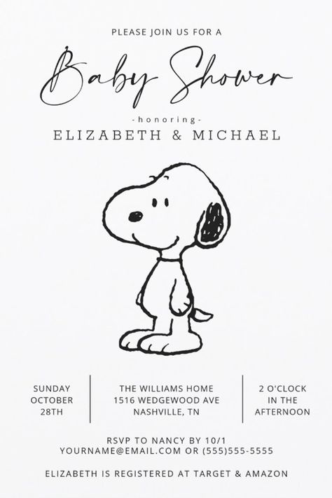 Peanuts Snoopy - Baby Shower Invitation
Invite all your family and friends to your Baby Shower with these cute Peanuts invitations featuring Snoopy! Personalize by adding all your party details! Piñata Gender Reveal, Snoopy First Birthday Party, Snoopy Baby, Snoopy Themed Baby Shower Ideas, Peanuts Baby Shower Ideas, Snoopy Party Ideas, Snoopy Baby Shower Cake, Snoopy Baby Shower Ideas, Snoopy Baby Shower Decorations