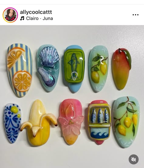 Gel Ink Nails, Sardine Nails, Nail Art Fruit, Food Nail Art, Really Cute Nails, Nail Swag, Dream Nails, Funky Nails, 3d Nails