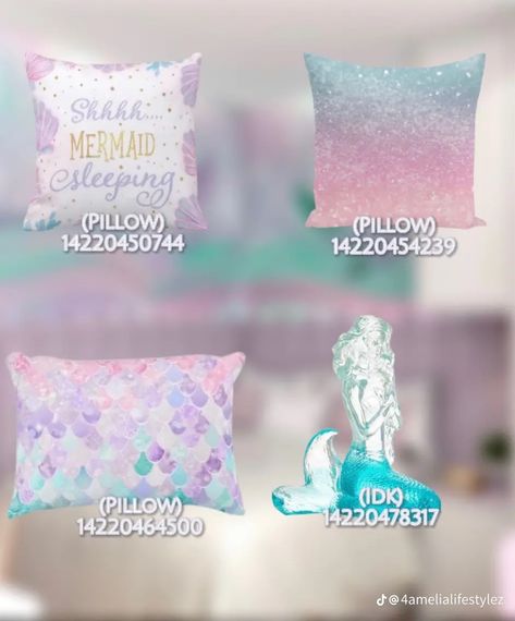 Bloxburg Mermaid Decal Codes, Stitch Decals Bloxburg, Unicorn Decals Bloxburg, Mermaid Decals Bloxburg, Pillow Decal Codes, Mermaid Decals, Roblox Houses, Girls Room Decals, Baby Room Decals