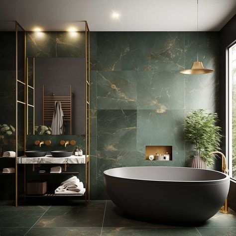 Dark Green Bathroom Tiles Master Bath, Marble Green Bathroom, Green Marble Tile Bathroom, Dark Tiled Bathrooms, Green And Black Interior Design, Dark Spa Bathroom, Dark Green Bathroom Tiles, Black And Green Bathroom Ideas, Dark Green And Gold Bathroom