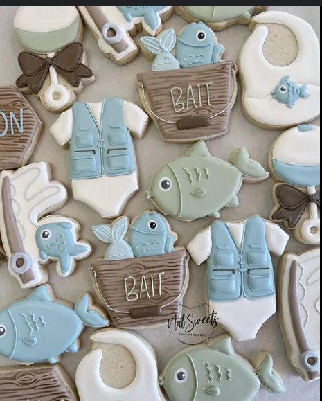 Fish Gender Reveal Cookies, Fish Themed Baby Shower Ideas Boy, Fishing Baby Shower Food, Baby Boy Shower Fishing Theme, A Little Fisherman Is On The Way, Baby Boy Fishing Shower Ideas, Fisherman Baby Shower Ideas, Gone Fishing Baby Shower Theme, Little Fisherman Baby Shower Ideas