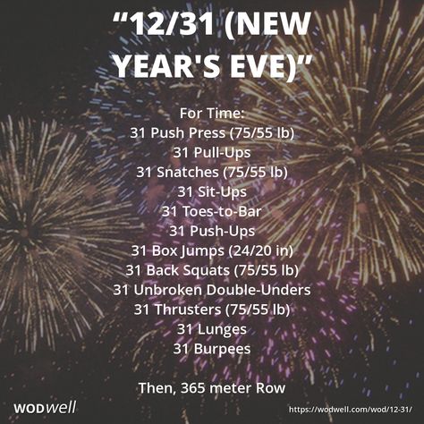 One of countless New Year's Eve WODs created by CrossFit boxes around the world. Many NYE WODs are specific to a year (ie: 2019 reps) but this version (aka: "31/12") from Upper Cape CrossFit (Cataumet, MA, USA) was the first we found that had a rep scheme that works for a re-test every year: "12 Movements; 31 Reps of each." Finish the year strong - again - on December 31! #newyearsevewod #holidaywod #nyewod #crossfit #wod #wodwell #benchmarkwod #testandretest Crossfit Workouts Wod, Kettlebell Benefits, Crossfit Workouts At Home, Kettlebell Cardio, Crossfit Wods, Crossfit Box, Background Story, Holiday Workout, Wod Workout