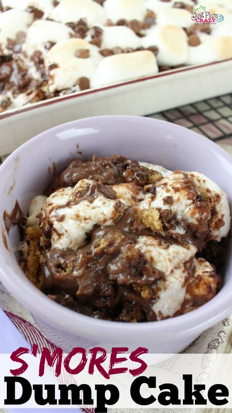 Easy Chocolate S'mores Dump Cake Recipe | Just plum Crazy Smores Dump Cake Recipes, Smores Dump Cake, Devils Food Dump Cake, Don't Mix It Dump Cakes, S’mores Dump Cake, Dump Dessert Recipes, Smores Cobbler, Chocolate Dump Cake Recipes, Brownie Dump Cake