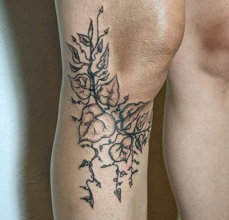 Wrap Knee Tattoo, Ivy Knee Tattoo, Poison Ivy Leg Tattoo, Vine Garter Tattoo, Ivy Rib Tattoo, Earthy Leg Sleeve Tattoo, Alternative Flower Tattoo, Leafy Hip Tattoo, Vine Kneecap Tattoo