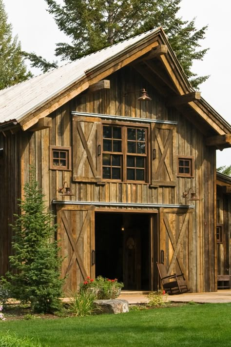 Rustic Barn : Classic Sliding Barn Door : Gooseneck Barn Lights Bookshelves Rustic, Barn Style Garage, Shelves Bookshelves, Restaurant Outdoor, Kitchen Green, Barn Shop, Rustic Wallpaper, Barn Living, Rustic Restaurant