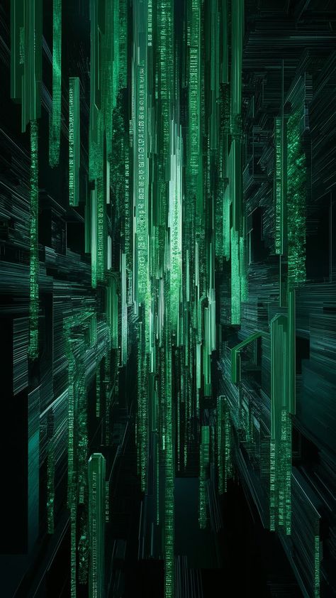 Dive into a mesmerizing digital wallpaper featuring cascading green glyphs and intricate geometric patterns. Inspired by Art Nouveau and Bauhaus, this design combines dynamic light and shadow with rich blacks and emeralds. Subtle glitch art elements add an edgy twist, creating a captivating visual experience that evokes digital mystique and technology's endless possibilities. Perfect for tech enthusiasts and digital art lovers. Hi Tech Wallpaper, Futuristic Pattern, Matrix Code, Dynamic Light, Code Wallpaper, Glitch Wallpaper, Art Elements, Design Board, Glitch Art