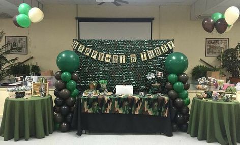 Call Of Duty Birthday Party, Army Party Decorations, Army Themed Birthday, Army Birthday Party, Camo Birthday Party, Navy Retirement, Army Birthday Parties, Camouflage Party, Army Theme