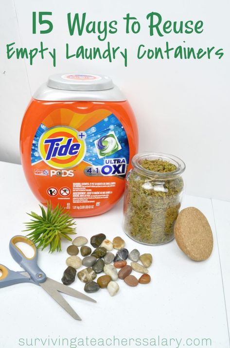 Laundry Pods Container Ideas, Detergent Bottle Crafts, Reuse Plastic Containers, Canister Crafts, Laundry Soap Container, Tide Pods Container, Gain Detergent, Plastic Container Crafts, Laundry Detergent Container