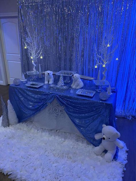 Winter Wonderland Pool Party, Winter Land Theme Party Ideas, 50th Winter Wonderland Party, Ice Princess Theme Party, Winter Ball Birthday Party, Winter Wonderland Party Theme Decor Table Decorations, Winter Wonderland Christmas Party Decorations, Winter Wonderland Carnival, Winter Theme Dinner Party