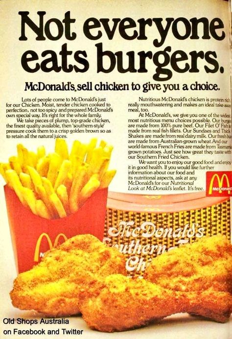 Fast Food Ads, Old News Paper, 2000s Food, Vintage Fast Food, Vintage Food Posters, Mcdonalds Chicken, Southern Fried Chicken, Vintage Restaurant, Fast Food Chains