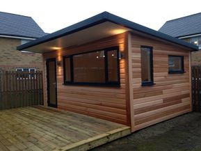 Wooden Garden Room, Sheds With Overhang, Pitched Roof Garden Room, House Shed Ideas, Wooden Garden House, Outhouse Ideas, Garden Office Ideas, Scottish Garden, Garden Office Shed