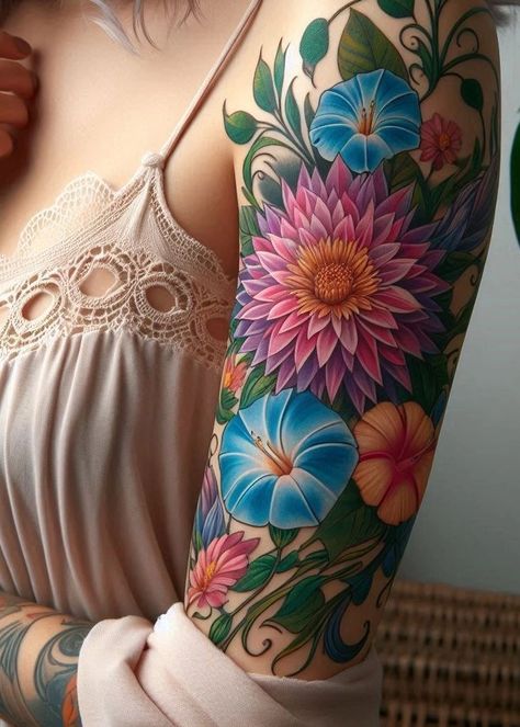 Birth Flower Tattoo Bliss: Stunning Designs | Pocoko Morning Glory And Aster Tattoo, Aztec Flower Tattoo, Aster Bouquet, Best Feminine Tattoos, Aster Tattoo, Aztec Flower, Sweet Pea Bouquet, Morning Glory Design, October Birth Flowers