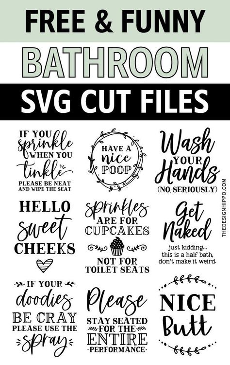 These free and funny bathroom SVG files are sure to spruce up your bathroom with humor! Featuring funny sayings made in script typography featuring wreaths and leaves, the signs are sure to make a cute addition to your farmhouse style bathroom #decor #diy #cricut #svg #bathroom #funny Bathroom Signs Diy Printables, Cricut Bathroom Ideas, Free Svg Bathroom Signs, Cricut Projects Bathroom Vinyl Decals, Funny Bathroom Decor Free Printable, Bathroom Cricut Ideas, Sayings For Bathroom Signs, Things To Cricut Around The House, Bathroom Sign Svg Free