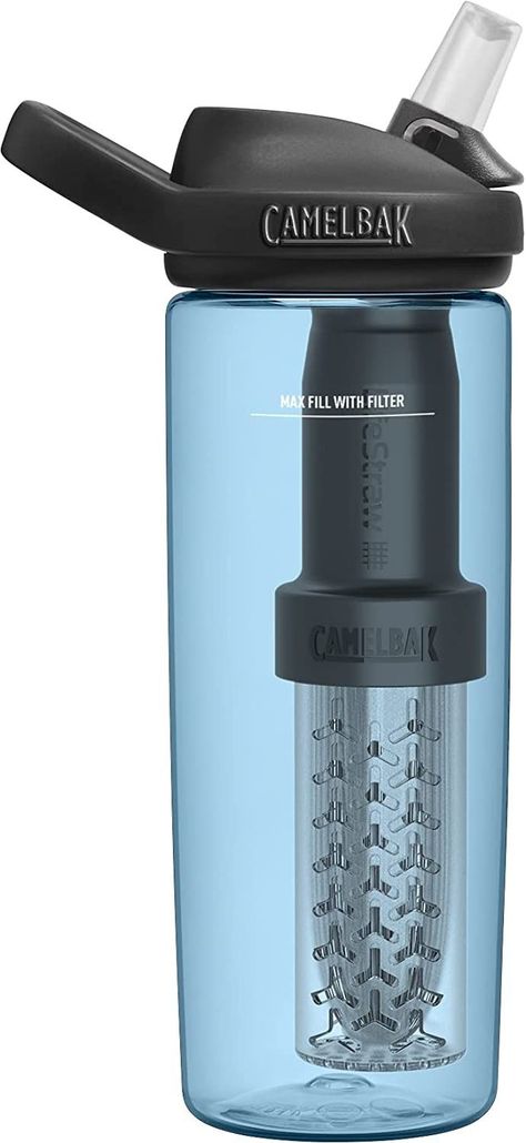 The CamelBak Eddy+ Water Filter Water Bottle with LifeStraw Integrated is a durable, reusable water bottle that features a built-in water filtration system. The bottle is made from BPA-free plastic and has a capacity of 25 ounces. The filtration system, which is integrated into the straw, removes bacteria, parasites, microplastics and other contaminants from the water, making it safe to drink. The filter can be easily replaced when needed and the bottle is dishwasher safe for easy cleaning. Filter Water Bottle, Life Straw, Filtered Water Bottle, Hiking Backpacking, Water Filtration System, Water Filtration, Backpacking Travel, Emergency Preparedness, Water Filter