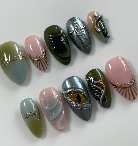 Lord of the Ring Nails, LOTR, LOTR Nails, Chrome Nails, Lord of the Rings Cosplay, 3d nail art, Fairycore nails Elven Inspired Nails, Elden Ring Nails, Lord Of The Rings Nails Designs, Lord Of The Rings Nails Art, Medieval Nail Art, Grimes Nails, Midevil Nail Art, Lotr Nail Art, Lord Of The Ring Nails