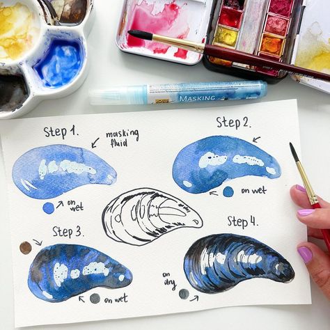 Anna Koliadych | Happy Friday 🦪🥰🎨! How to paint a mussel shell using #watercolor 🥰. #watercolortutorial #stepbystep #arttutorial #painting… | Instagram Painting Instagram, Shell Drawing, Learn Watercolor Painting, Gcse Art Sketchbook, Mussel Shell, Learn Watercolor, Diy Watercolor Painting, Watercolor Projects, Painted Shells