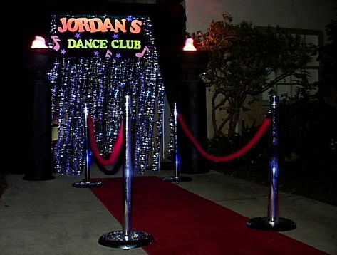 decor entrance Dance Club Birthday Party Ideas, Diy Night Club Decor Party Ideas, Club Themes Party, Night Club Theme Party Ideas At Home, Night Club Prom Theme, Night Club Birthday Theme, Club Birthday Party Ideas Night, Sweet 16 Night Club Theme, 21st Birthday Club Theme