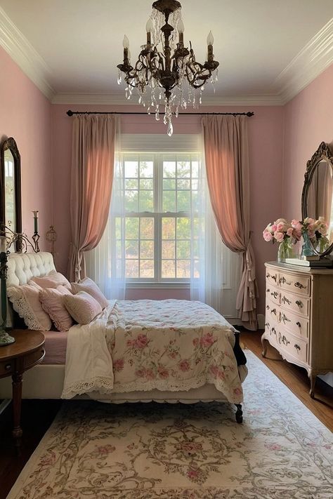 Pink Victorian Bedroom, Victorian Inspired Bedroom, Pink Vintage Bedroom, Dusty Pink Bedroom, Vintage Bed Frame, 80s House, Whimsical Bedroom, Home Hall Design, Bedroom Wall Colors