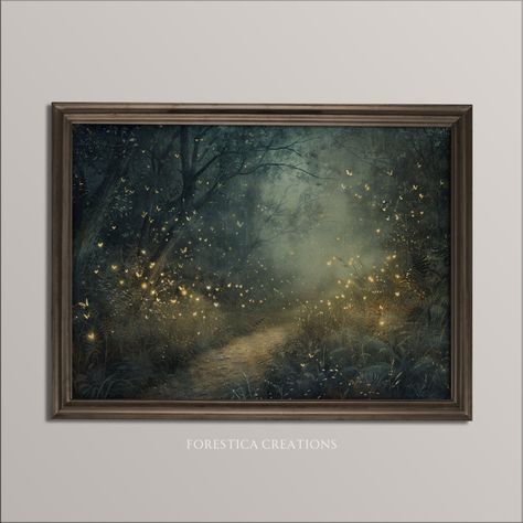 Fireflies | Moody Fairytale Aesthetic, Dark Academia Prints, Cottagecore Wall Art, Woodland Fairies Painting, Dark Naturalism Decor Moody Whimsical Aesthetic, Faerie Bedroom, Southern Grandmillenial, Naturalism Art, Light Academia Home, Oddities Wall, Fairy Tale Room, Fairies Painting, Gothic Cottagecore Aesthetic