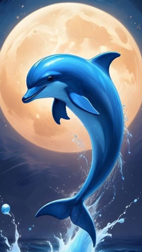 Painting Dolphins, Nighttime Ocean, Dolphin Jumping Out Of Water, Dolphins Painting, Animals Dolphins, Multimedia Painting, Dolphin Illustration, Colorful Dolphin, Ocean Creatures Art