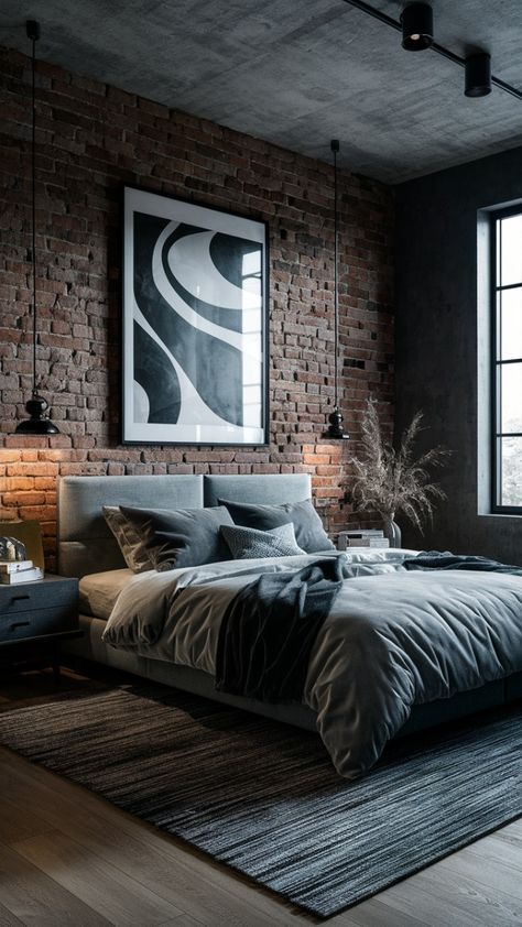 Bedroom Ideas With Brick Wall, Charcoal Accent Wall, Brick Wall Bedroom Ideas, Bedroom Ideas Industrial, Bachelor Bedroom Ideas, Exposed Brick Bedroom, Bedroom Brick Wall, Modern Mens Bedroom, Rustic Industrial Bedroom