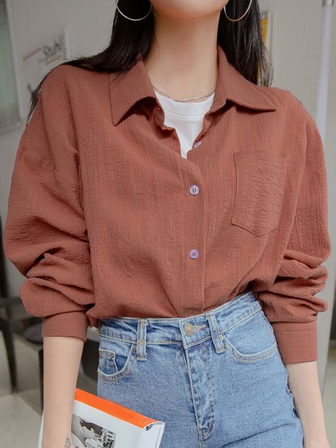 Dark Brown Blouse, Patch Blouse, Brown Blouse, Plain Shirt, Women Blouses, Plain Shirts, Comfy Cozy, Women Tops, Sleeve Cotton