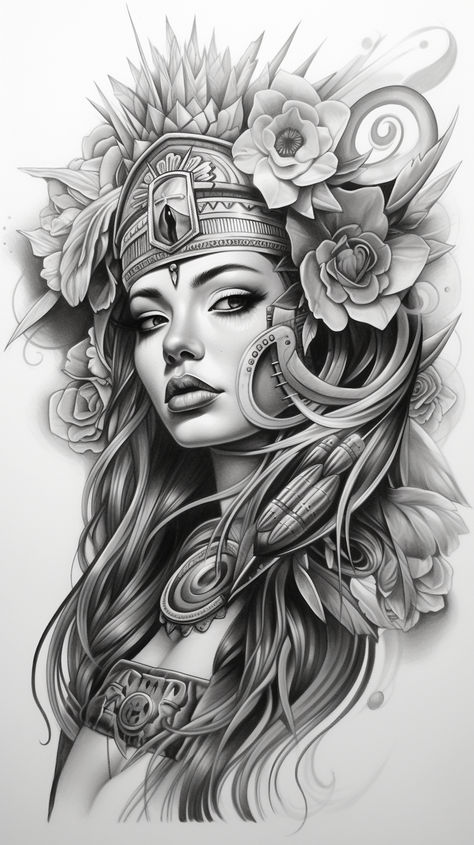 An elegant Chicano art piece, blooming with vibrant expressions. Aztec Women Warrior Goddesses Tattoo, Female Aztec Warrior Tattoo, Aztec Queen Tattoo, Aztec Princess Tattoo Goddesses, Aztec Goddess Tattoo, Aztec Princess Tattoo, Indian Women Tattoo, Aztec Queen, Mayan Princess