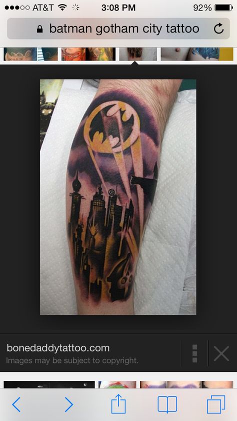 This is EXACTLY what I want... LOVE! Batman Gotham City Tattoo, Gotham City Tattoo, Batman Arkham Tattoo, Gotham City Painting, Gotham Skyline, Batman Memorial Tattoo, I Want Love, Batman Tattoo, City Tattoo