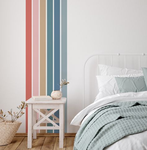 Striped Accent Wall Bedroom, Fun Bathroom Colors, Rainbow Stripe Wall, Striped Accent Walls, Striped Accent Wall, Boy And Girl Shared Room, Kids Playroom Ideas, Playroom Mural, Purple Desk