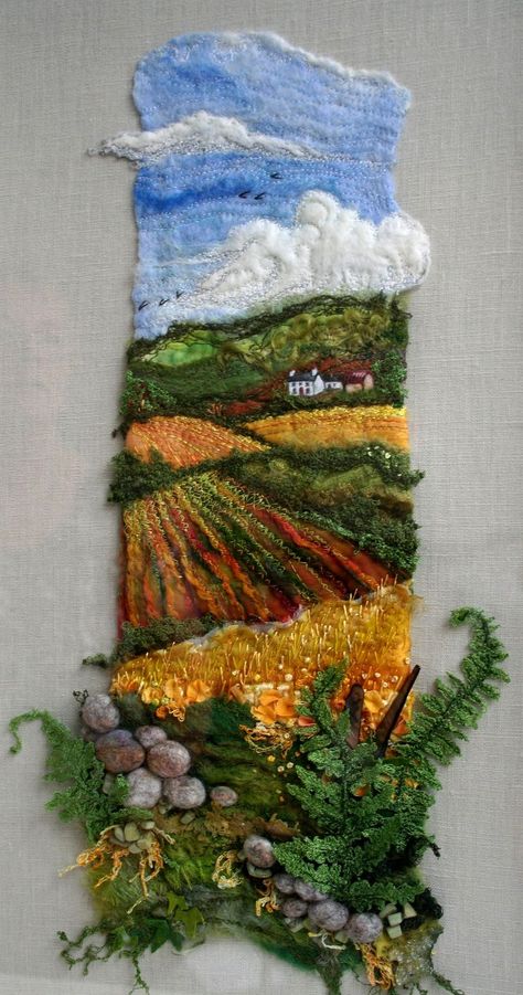 فن النسيج, Tovad Ull, Landscape Art Quilts, Felt Pictures, Landscape Quilts, Felt Embroidery, Needle Felting Projects, Pola Sulam, Textile Fiber Art