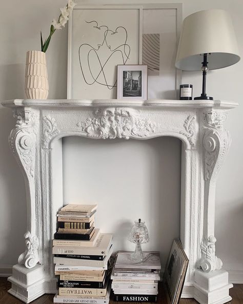 Fireplace Books, Parisian Room, Fireplace Indoor, Spa House, Kelsey Simone, Mantel Fireplace, Content Studio, French Apartment, Chicago Apartment