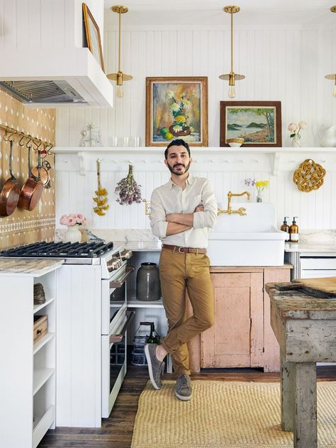 Zio & Sons’ Anthony D’Argenzio Reveals His Vintage-Studded Kitchen Real French Kitchen, Simple French Kitchen, Art Above Sink, Deconstructed Kitchen Ideas, Tiny French Kitchen, Vintage Kitchen Storage Ideas, Vintage European Kitchen, Vintage Contemporary Kitchen, Ledge In Kitchen