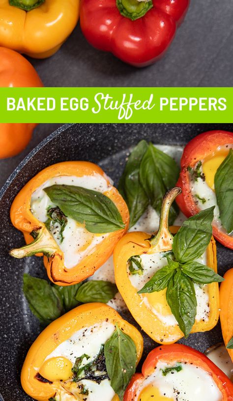 Rise and shine!  This sweet and savory Baked Egg Stuffed Bell Pepper recipe is the perfect way to start the day.  #peppers #eggs #stuffedpeppers #keto #paleo #whole30 #lowcarb #breakfast #flavorUP Recipe With Bell Peppers, Bell Pepper Recipe, Gym Snacks, Stuffed Bell Pepper, Savory Breakfast Recipes, Pepper Recipe, Baked Egg, Bell Pepper Recipes, Easy Healthy Lunches