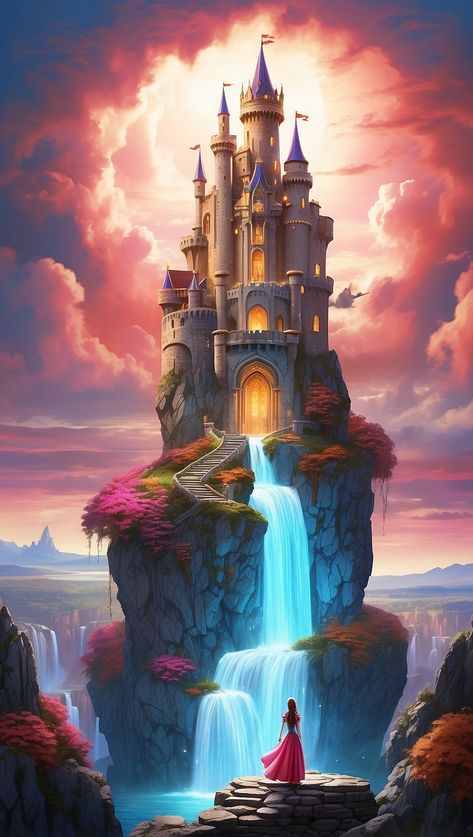 Wooden Castle Fantasy Art, Earth Castle Fantasy Art, Castle In Clouds Drawing, Fairy Tale Aesthetic Princesses, Castle Illustration Fairytale, Magical Castle Fantasy Fairytale, Castle Fantasy Art, Fairytale Artwork, Fairy Tale Landscape