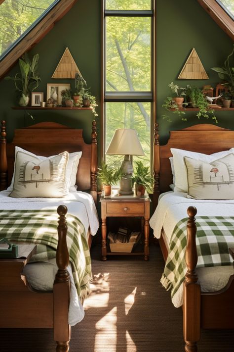 Short High Windows Master Bedrooms, Cabin In The Woods Decorating Ideas, Natural Wood Twin Bed Kids Rooms, Camp House Ideas Interiors, Rustic Twin Bedroom Ideas, Farm Bunk Beds, English Hunting Lodge Bedroom, Woodland Guest Bedroom, Forest Cottage Interior Bedroom