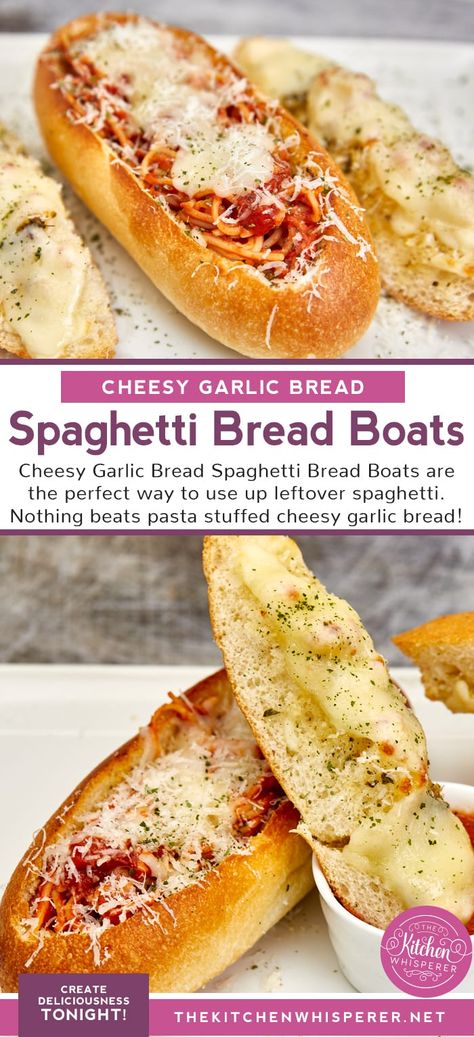 Cheesy Garlic Bread Spaghetti Bread Boats are the perfect way to use up leftover spaghetti. Nothing beats pasta stuffed cheesy garlic bread! Cheesy Garlic Bread Spaghetti Bread Boats, leftover spaghetti, cheesy bread, leftover spaghetti sandwich, spaghetti bread bowl, spaghetti stuffed garlic bread, #spaghettiboats #garlicbread , Pasta stuffed bread Lasagna Bread Bowls, Leftover Spaghetti Recipe, Pasta Bread Bowl, Bread Boat Recipes, Spaghetti Stuffed Garlic Bread, Garlic Bread Spaghetti, Spaghetti Sandwich, Spaghetti Bread, Stuffed Garlic Bread