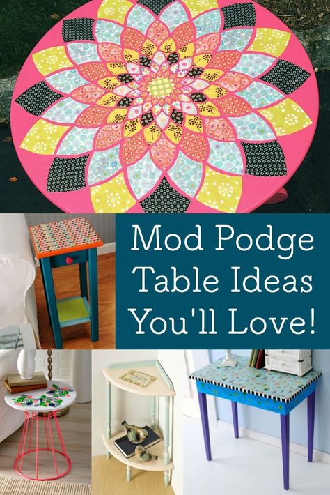 If you want to attempt a Mod Podge table project, check out this collection of 13 great ideas. Learn how to make the decor of your dreams. These DIY tables are all unique – which one will you try? Decoupage Coffee Table Ideas, Table Painting Ideas Colorful, Decoupage Table Top Ideas, Diy Table Top Ideas, Decoupage Coffee Table, Diy Inventions, Crafts To Make And Sell Unique, Decoupage Table, Craft Room Organization Diy