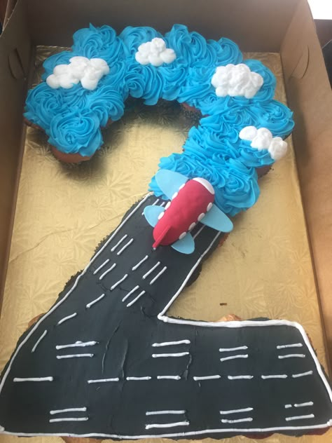 Airplane Pull Apart Cupcake Cake, Airplane Shaped Cake, Airplane Pull Apart Cupcakes, Airplane Cupcake Cake, Airplane 2nd Birthday Party, 2 Cupcake Cake, Airplane 2nd Birthday, Airplane Party Food, Airplane Birthday Party Ideas