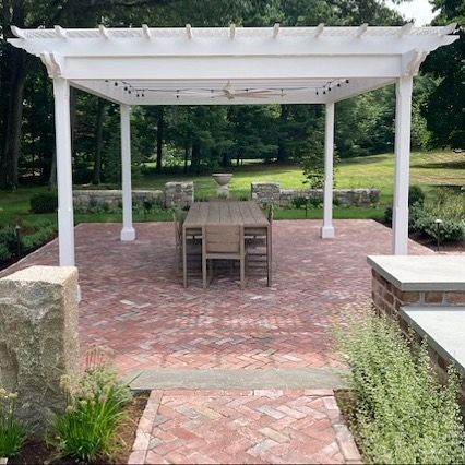 Stone Farm LLC on Instagram: "The pergola is the crown on this amazing antique brick paver patio. These are more of the brick pavers we salvaged from Boston’s City Hall Plaza. Lots more fun stuff on this project to show. Great job @getgreenacreslandscaping #bostonhistory #pergola #brickpavers #brickpatio #outdoorliving #outdoordiningtable #beautifulbrick #reclaimedbrick #salvagedhistory" Brick Wall Patio, Antique Brick Pavers, Brick Paver Patio, Paving Pattern, Brick Patio, Antique Brick, Brick Paving, Reclaimed Brick, Paved Patio