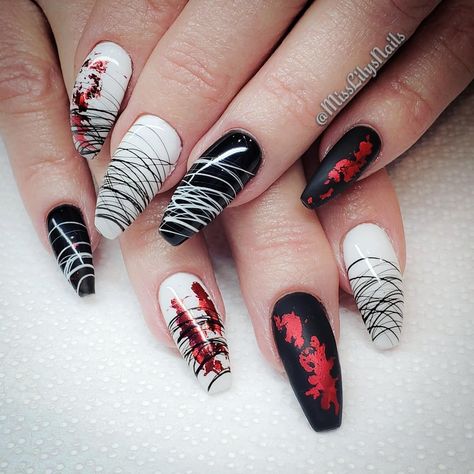 😍😍😍 nothing like black, white, and red nails for Halloween!!! 🖤❤💟 spider gel from @evnailshop * * * #nails #nailart #naildesign #manicure… Spider Gel Halloween Nails, Red Nails With Spider Gel, Red And Black Halloween Nail Designs, Black Red And White Nail Designs, Nails Red Black White, Black White Red Nails, Black Red White Nails, Black White And Red Nails, Red And Black Halloween Nails