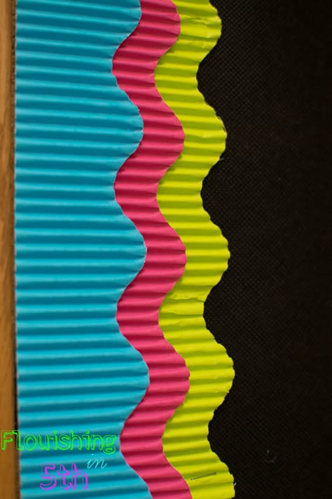 Bright Color Bulletin Board Ideas, Borders For Classroom Boards, Neon Classroom, Neon Bulletin Board Ideas, Board Borders Ideas Classroom Decor, Black And Bright Classroom, Black And Bright Bulletin Board, Black And White With Bright Color Classroom, Neon And Black Classroom