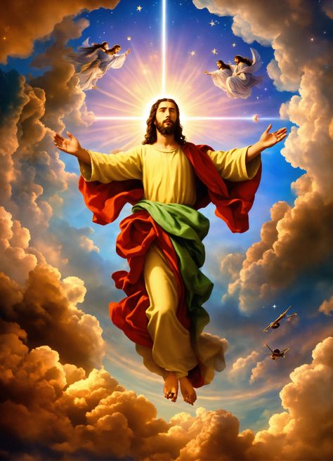 Lexica - A beautiful sky with Jesus descending from the clouds.  Planets and the universe beautiful Papa Jesus, Jesus Powerful Pictures, Jesus Happy Father’s Day, Powerful Jesus Images, Real Image Of Jesus, Jesus Coming In The Clouds, Bible Quotes Pictures, Biblical Artwork, Jesus Christ Artwork