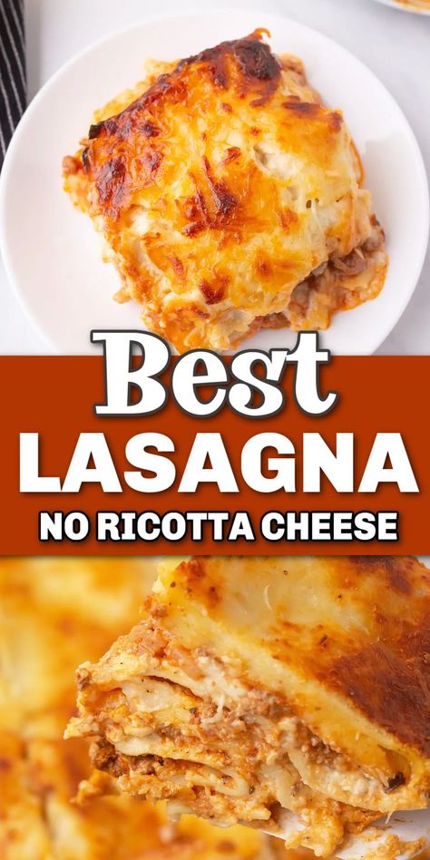 Squares of lasagna with cheese and meat and pasta with no ricotta cheese with Pinterest overlay. Lasagna With Cream Sauce, Carmines Lasagna Recipe, No Cheese Lasagna Recipe, Lasagna With Mozzarella Only, Lasagna With Cheddar Cheese, Easy Lasagna Recipe Without Ricotta Or Cottage Cheese, Easy Lasagna Without Ricotta Cheese, Meat Lasagna Recipe No Ricotta, Lasagna Roll Ups No Ricotta