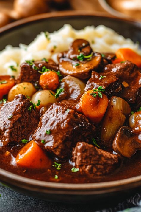 Ree Drummond Beef Bourguignon, Beouf Bourginon Julia Child, Beef Bourguignon Stovetop, Beef Borginoine Crockpot, Beef Burgonione Recipe, French Beef Recipes, Beef Bourgeois, Easy French Food Recipes, French Beef Bourguignon