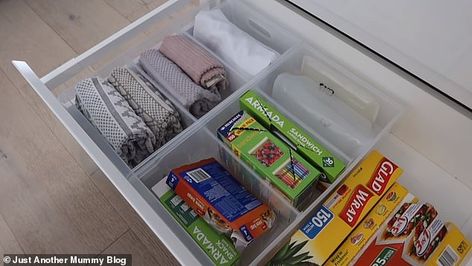 Mum, 29, reveals the Kmart and IKEA 'hacks' that help her to perfectly organise her kitchen | Daily Mail Online Kmart Kitchen Hack Storage Ideas, Kmart Craft Organisation, Fridge Organization Kmart, Kmart Organisation Hacks, Pantry Pull Out Drawers, Kitchen Organisation Hacks, Fridge Drawers, Kmart Hacks, Spice Organization Drawer