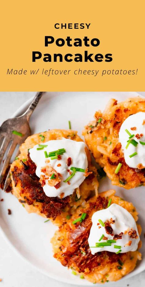 These leftover cheesy potato pancakes are made from -- you guessed it, leftover cheesy potatoes! Which means you can easily whip up this fantastic savory breakfast at a moment's notice. Enjoy! Chessy Potatoes, Cheesy Potato Pancakes, Over Roasted Potatoes, Cheddar Recipes, Cheesy Potatoes Recipe, Frozen Hashbrowns, Cheesy Hashbrowns, Whipped Potatoes, Leftover Potatoes