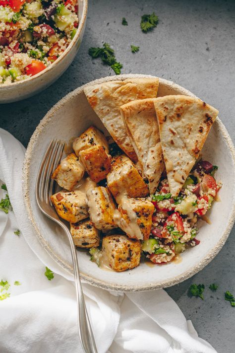 Mediterranean Herbed Lemon Tofu and Couscous Bowl – healthienut – Easy to follow plant-forward recipes Couscous Hummus Bowl, Vegan Cous Cous Recipes, Vegan Couscous Bowl, Tofu Couscous Recipes, Tofu Grain Bowl, Quinoa And Tofu Recipes, Greek Tofu Bowl, Mediterranean Tofu Bowl, Vegetarian Mediterranean Bowl