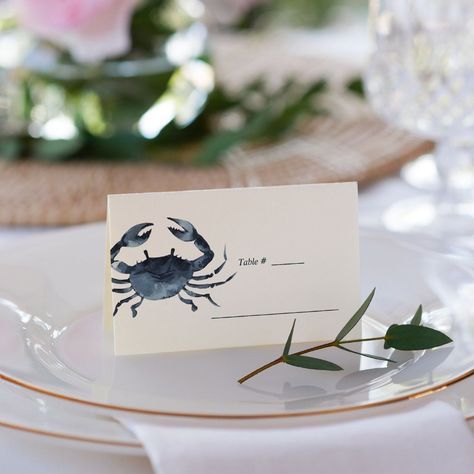 The Blue Crab | Nautical Wedding table place Template Crab Feed, Chic Wedding Table, Starfish Wedding Invitations, Crab Illustration, Nautical Invitations, Daughter Wedding Gifts, Nautical Chic, Starfish Wedding, Yacht Wedding